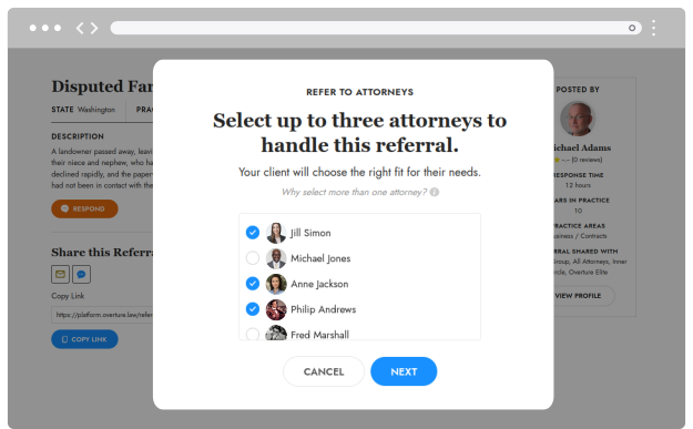 Selecting an attorney for a referral